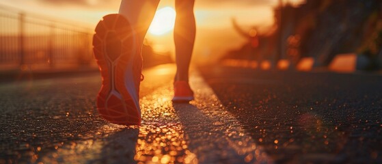 Wall Mural - Runner woman feet running on road closeup on shoe. Female fitness model sunrise run workout. Sports healthy lifestyle concept.