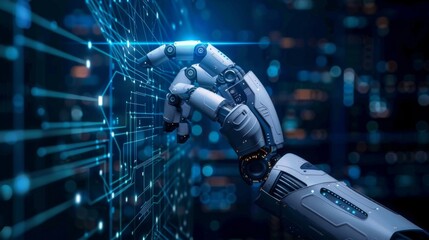 Leinwandbilder - Futuristic Robotic Hand Interacting With Virtual Interface