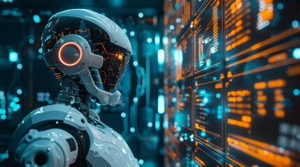 Leinwandbilder - Robot Analyzing Data in Front of Wall