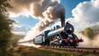 A powerful steam train with a classic blue design makes its way through a verdant landscape under a cloudy sky. AI generation
