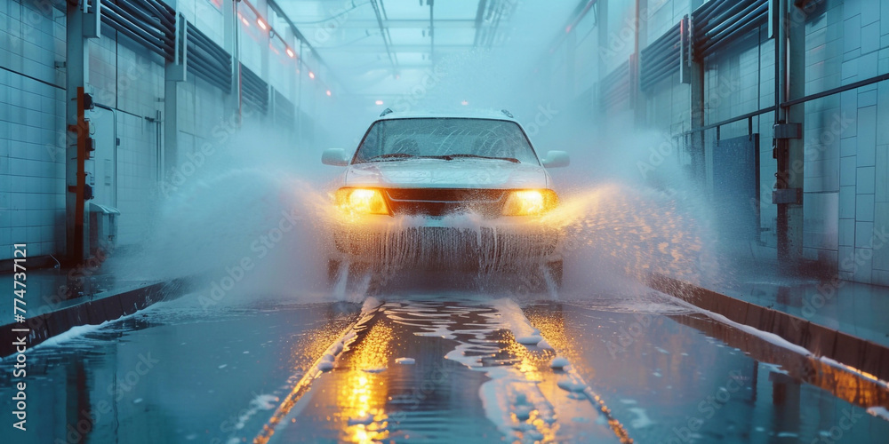 car wash, Automatic car wash in action, blue colored, Car concept. Wash car. Technology.