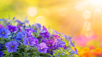Wall Mural - Blue petunia flowers bloom in a flowerbed in the botanical garden in golden sunset light.