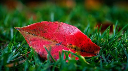 Poster - The red leaves of autumn on the green grass in autumn