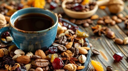 Leinwandbilder - There is a cup of coffee on the table with a variety of nuts and dried fruits