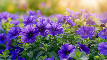 Wall Mural - Blooming blue petunias in a flowerbed in sunset lighting. Floral banner.