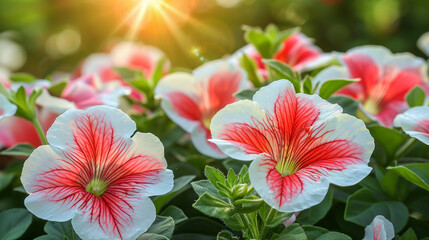 Wall Mural - Flowerbed with bright red white petunias close up in the park in the rays of the sun. Floral banner.
