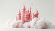 A pink castle is surrounded by fluffy white clouds. The castle is made of a soft, pink material and he is a whimsical, dreamy structure. The clouds above the castle give the scene a sense of magic