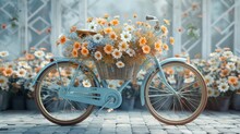 A Bicycle With A Basket Full Of Flowers On It. The Flowers Are Orange And White. The Bike Is Parked On A Brick Walkway