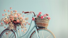 A Bicycle With A Basket Full Of Flowers On It. The Flowers Are Pink And White. The Basket Is Woven And The Bike Is Blue. Concept Of Joy And Happiness, As The Flowers Are A Symbol Of Love And Affection