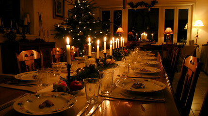 Wall Mural - Christmas dinner table in a room with a Christmas tree in the background