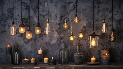 Poster - The retro lamp is set on a gray concrete black background with a decor loft theme.