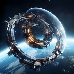 Poster - A futuristic space station orbiting a planet.