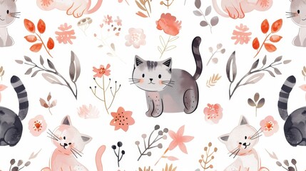 Wall Mural - A seamless pattern featuring watercolor illustrations of cats and floral stylizations.