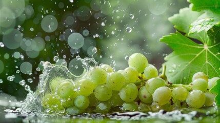 Poster - Isolated on a green background, water splashes on leaves of a fresh grape