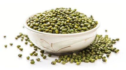 Canvas Print - With a white background, a picture of mung beans and a bowl is shown.