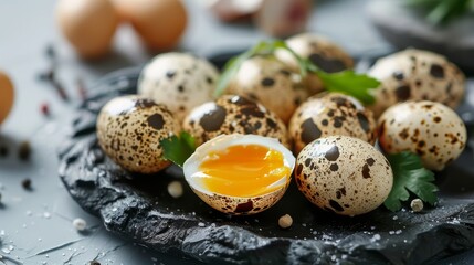 Aufkleber - Spotted Quail Eggs on white background, isolation of quail eggs, healthy breakfast, natural organic nutrition, salad ingredient