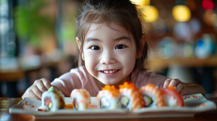 Poster - A little girl holding sushi