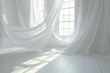 Luxurious white curtains frame a bright window