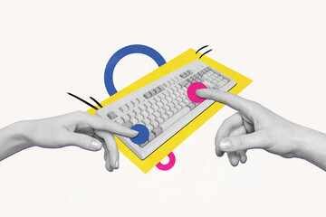Aufkleber - Collage artwork image of it specialist texting typing sms message pc computer keyboard isolated on creative background