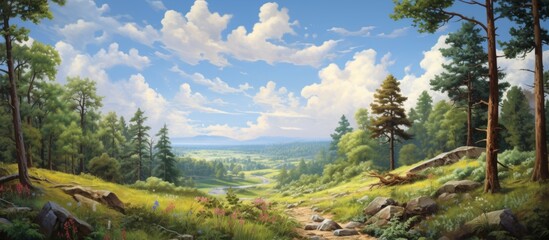 Wall Mural - Scenic painting of a majestic mountain range surrounded by a lush forest with a crystal-clear stream meandering through the trees