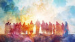 A reverent digital watercolor photo of Jesus blessing his disciples before ascending to heaven