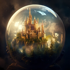 Poster - Enchanted castle in a floating bubble. 