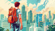 Urban Explorer with Backpack, Sunny, Cityscape Background Illustration with Copy Space
