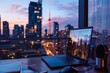 © DK_2020 - Freelancer video conferencing with city skyline backdrop