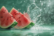 sliced juicy watermelon on green background, watermelon among water splashes