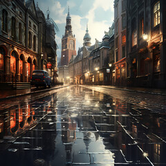 Sticker - Rainy day cityscape with reflections on the pavement