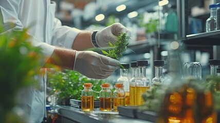 Images of a scientist extracting CBD oil from cannabis for use in a medical science facility. extraction of hemp oil Machine for Thin Film Distillation in Laboratory Plant Operations.