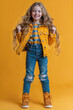 A beautiful smiling little girl with long blonde hair, wearing a denim outfit and a checkered shirt, studio photo on a yellow background
