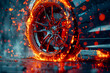 close up on the tire of a sports car, the wheel is red hot surrounded by small flames of fire