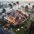 A home stands damaged amidst the ferocious winds of a hurricane. The destruction reveals the powerful forces of nature. AI generation