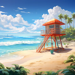 Sticker - Tropical beach with AI lifeguards. 