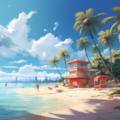 Poster - Tropical beach with AI lifeguards. 