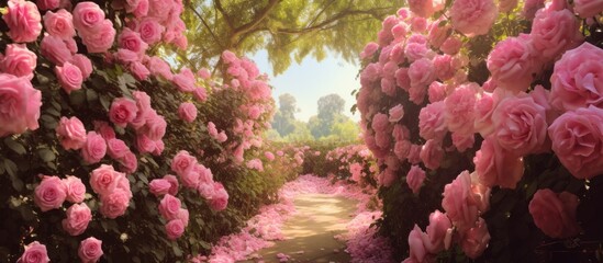 Wall Mural - A narrow trail leading through lush greenery is adorned with delicate pink flowers blooming alongside