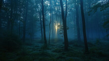 A Photograph Of A Misty Forest At What Appears To Be Either Dawn Or Dusk, With Rays Of Sunlight Filtering Through The Dense Foliage.