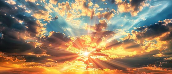 Poster - Stunning sunset with sun rays, cloudy sky with sun.