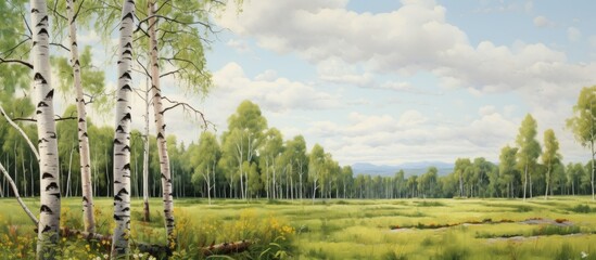 Wall Mural - Serene artwork depicting a scenic view of a river meandering through a lush green field with tall trees and swaying grass