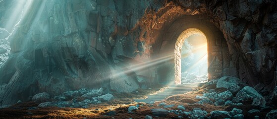 Wall Mural - This is a religious Easter background, with strong light rays shining through the empty stone tomb entrance. This is an artistic strong vignette, contrast, and dramatic dark-light edit of the empty