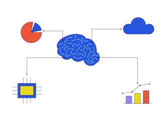 Poster - AI brain analysis tools 2D linear cartoon object. Artificial intelligence brain technology isolated line vector element white background. Ai management. Data analytics color flat spot illustration