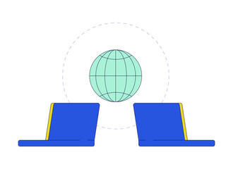 Poster - Global data transfer laptops 2D linear cartoon object. International information exchange notebooks isolated line vector element white background. Connected devices color flat spot illustration