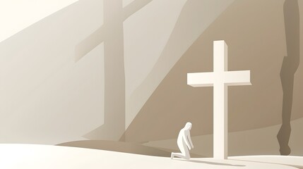 A Minimalist of a Person Bowing Before a Cross Depicting Humility and Reverence in Worship