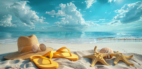 Beach attributes on a sandy beach against a background of blue sea and sky. Banner.