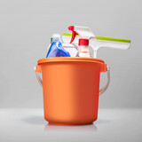 Fototapeta Sawanna - Set of cleaning stuff in the bucket