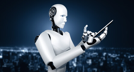 Poster - xai 3d illustration robot humanoid use mobile phone or tablet in future office while using ai thinki