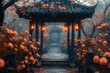 Dreamy oriental gazebo with orange flowers glow