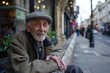 Portrait of an elderly man sitting on a bench in the city