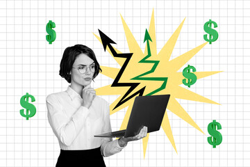 Sticker - Composite photo collage of thoughtful businesswoman hold laptop green arrow trade success dollar emblem isolated on painted background